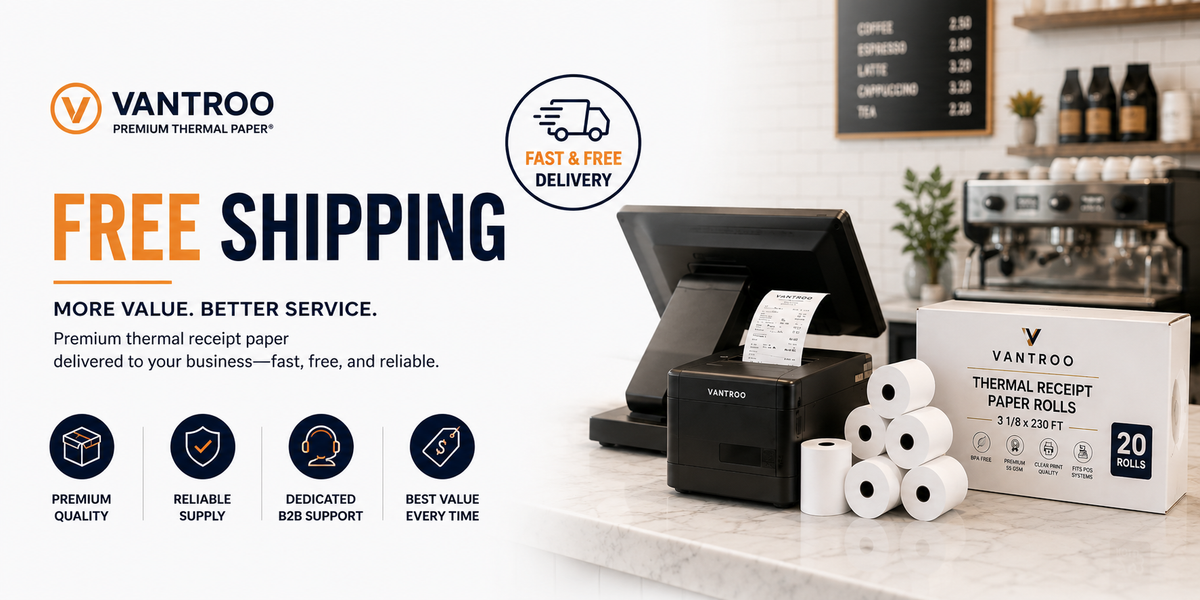 Free shipping on premium 3 1/8-inch BPA-free thermal receipt paper with dedicated B2B support from VANTROO