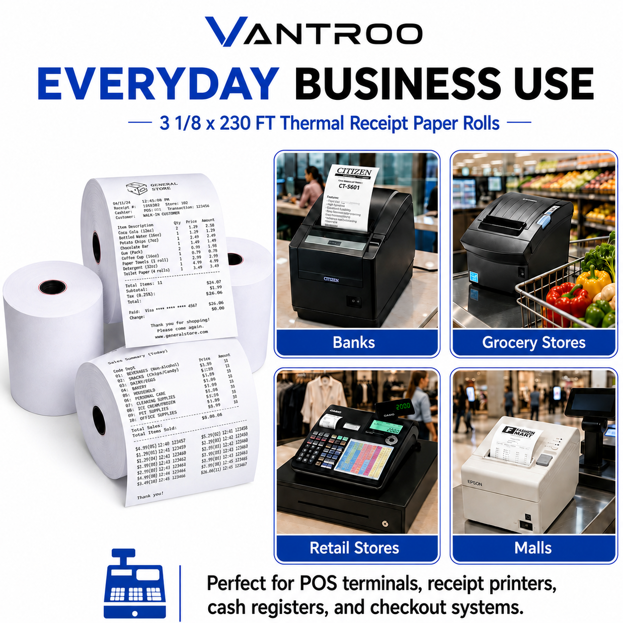 Commercial thermal paper rolls for retail POS printers and cash registers