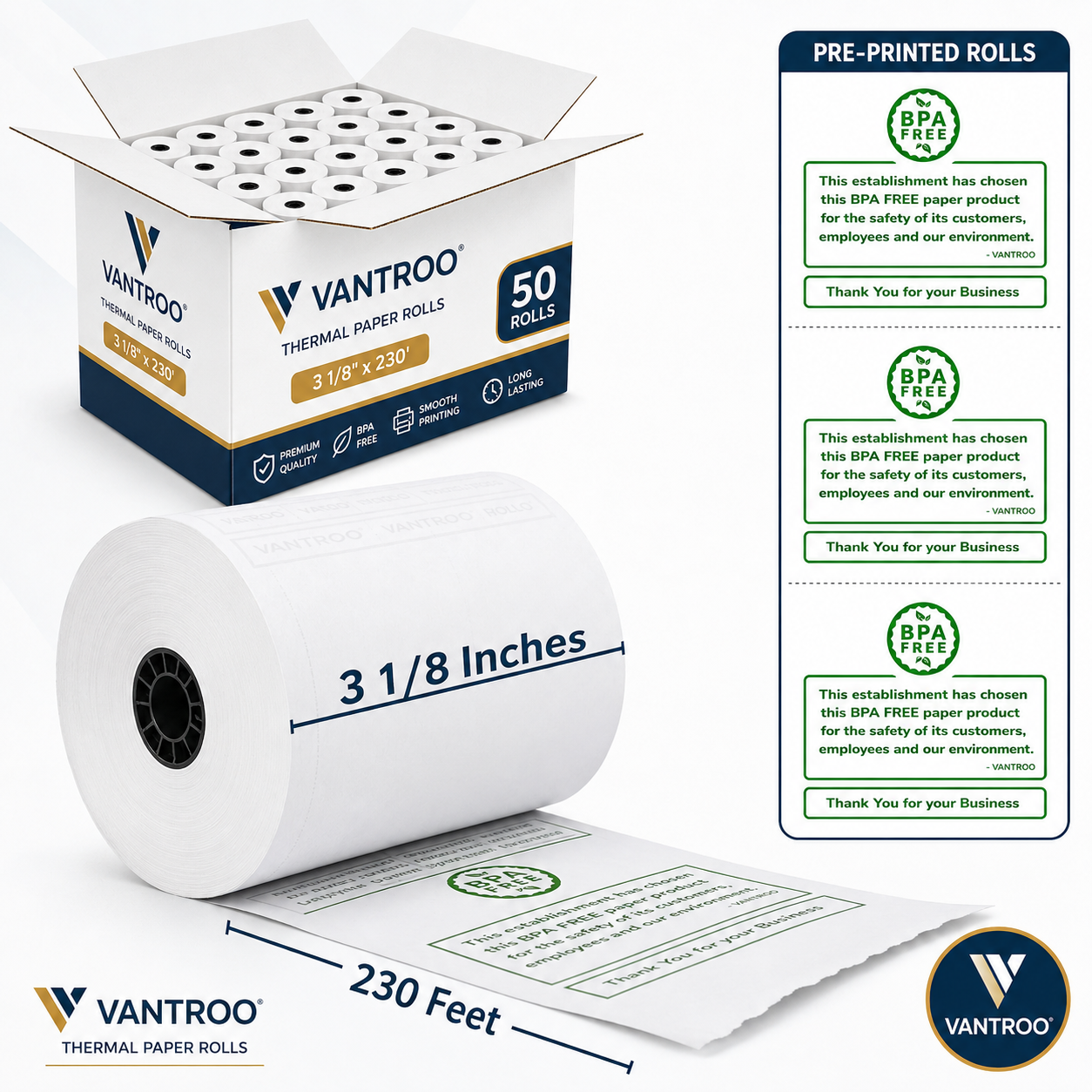 3-1/8" x 220' Pre-Printed Thermal Receipt Paper Rolls – 50 Rolls | 48 GSM | BPA FREE | VANTROO