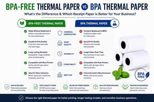 BPA-free thermal paper vs traditional BPA thermal paper comparison guide by VANTROO showing print quality, compatibility, durability, and receipt paper features