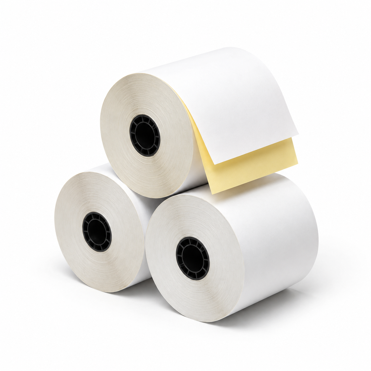 VANTROO 3" x 95' 2-ply carbonless paper rolls, white/yellow, 50 pack, product image 3