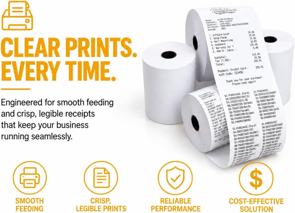 Thermal receipt paper rolls with printed receipts and callouts for smooth feeding, crisp prints and reliable performance