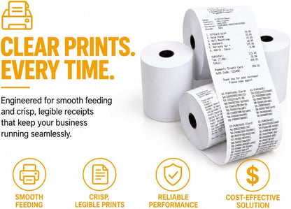 Thermal receipt paper rolls with printed receipts and callouts for smooth feeding, crisp prints and reliable performance