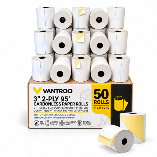 VANTROO 3" x 95' 2-ply carbonless paper rolls, white/yellow, 50 pack