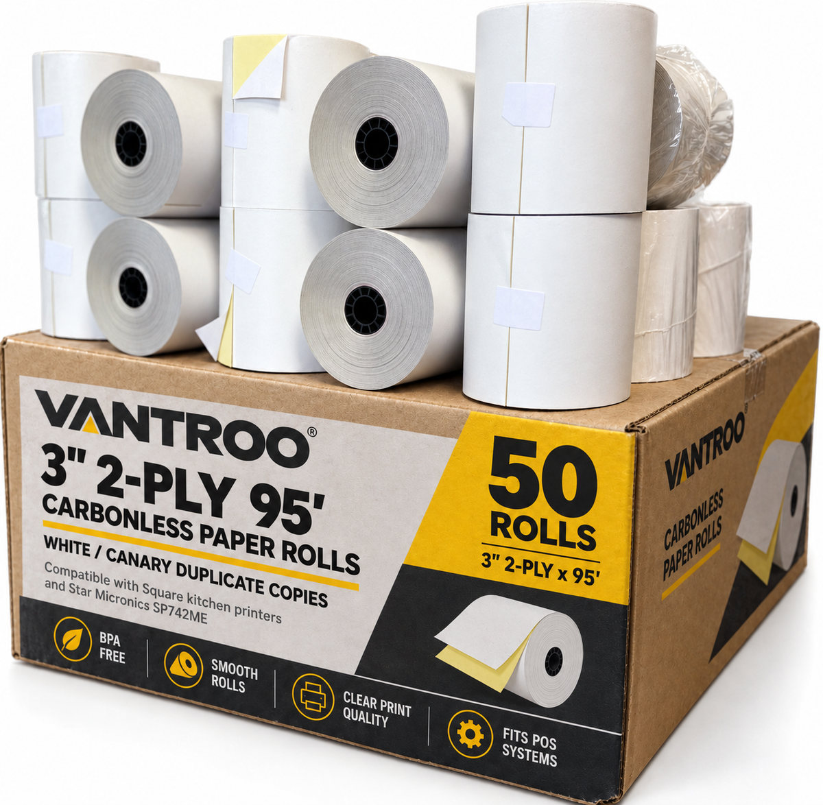 VANTROO 3" x 95' 2-ply carbonless paper rolls, white/yellow, 50 pack, product image 9