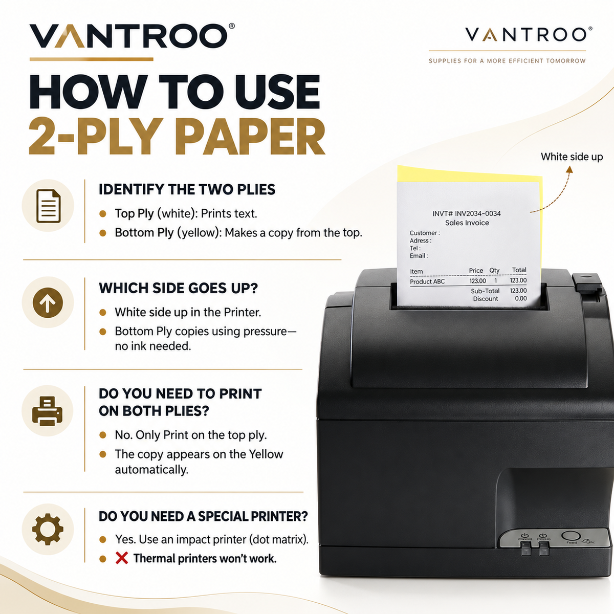 VANTROO 3" x 95' 2-ply carbonless paper rolls, white/yellow, 50 pack, product image 5