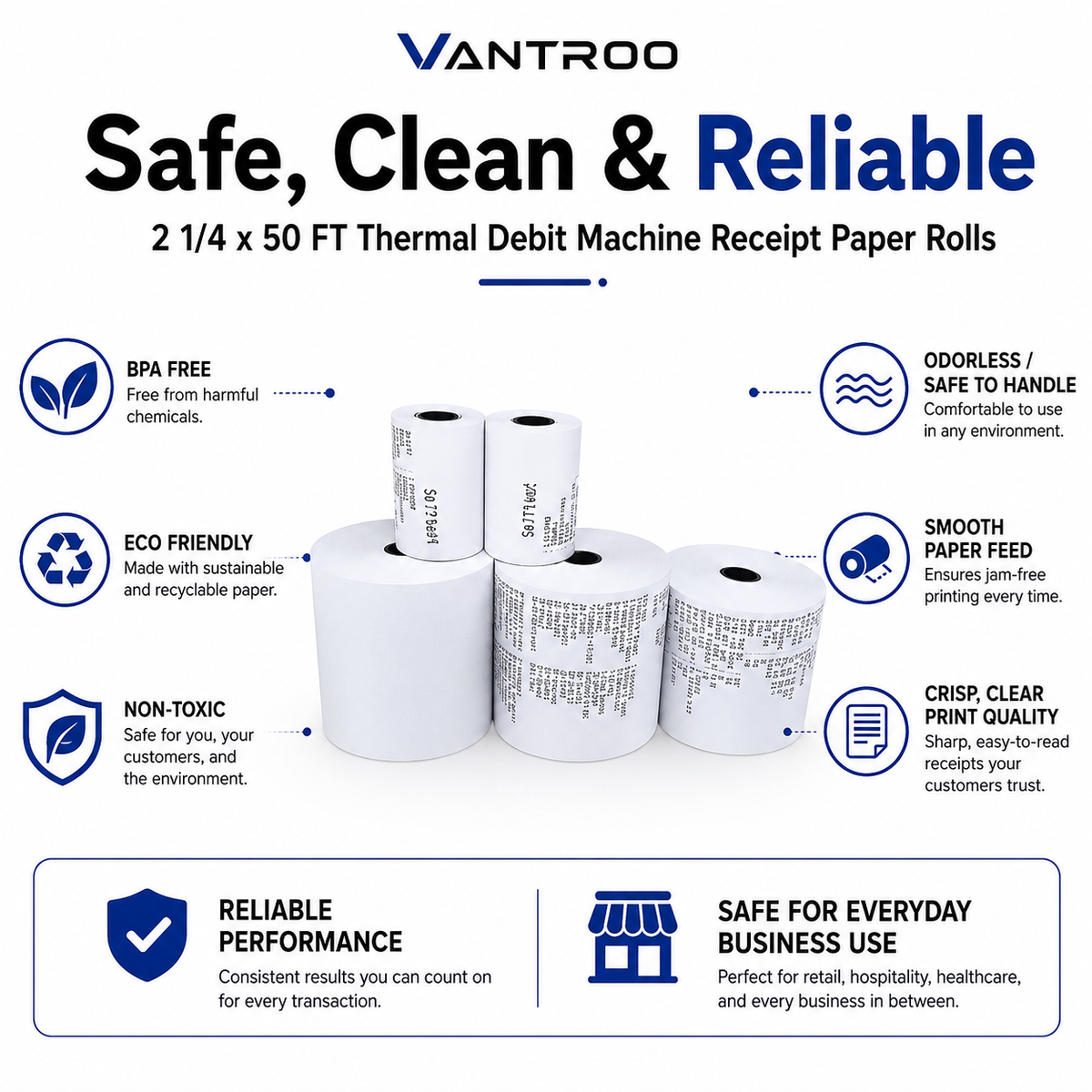 2-1/4" x 50' Thermal Receipt Paper Rolls | 100 Pack | BPA Free | VANTROO