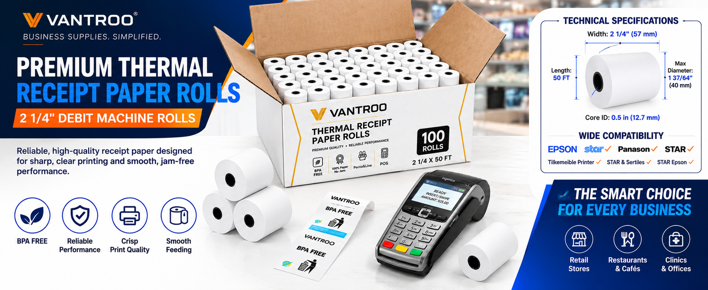 2-1/4" x 50' Thermal Receipt Paper Rolls | 50 Pack | BPA Free | VANTROO