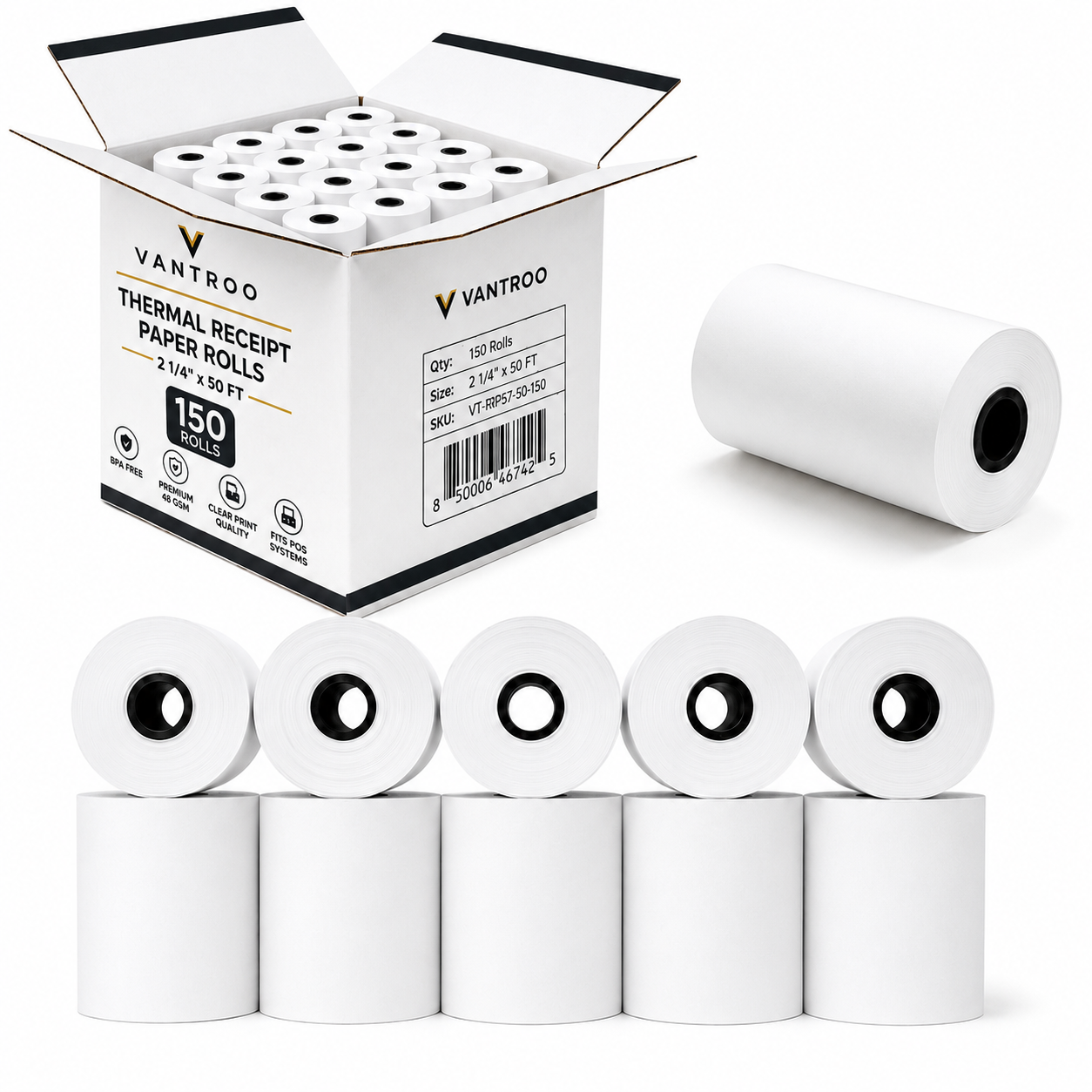 VANTROO 2-1/4 x 50 ft Receipt Paper Rolls with Long Image Life and BPA-Free Coating Commercial Thermal Receipt Paper for Restaurants, Pharmacies and Grocery Stores Premium BPA-Free Thermal Paper Rolls for Daily Commercial Printing