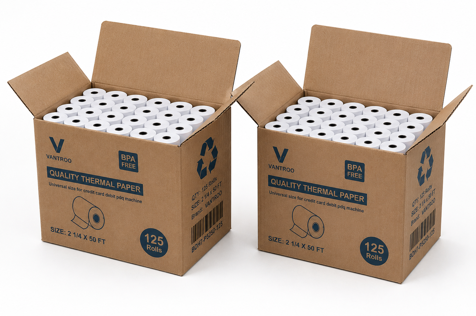 Two open VANTROO boxes of BPA-free 2-1/4 x 50 ft thermal receipt paper rolls showing bulk packaging for POS terminals and credit card machines VANTROO 2-1/4 x 50 ft BPA-Free Thermal Receipt Paper Rolls for POS Printers
Premium Thermal Receipt Paper Rolls Compatible with Epson, Star Micronics, Clover, Verifone, Ingenico and PAX
