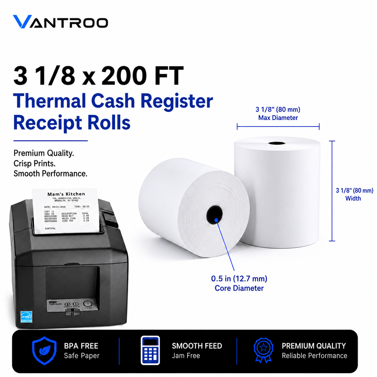 80mm thermal receipt paper 3 1/8 inch x 200 FT BPA free thermal printer paper rolls  Bulk pack 3 1/8 thermal receipt paper rolls 200 feet for Clover Square Epson Star TSP100III