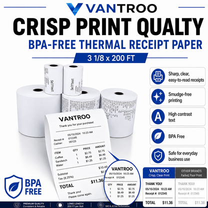 BPA free 3 1/8 x 200 FT thermal paper rolls safe POS receipt paper for high volume businesses Sharp clear printing with 3 1/8 x 200 thermal receipt paper BPA free for cash registers and POS