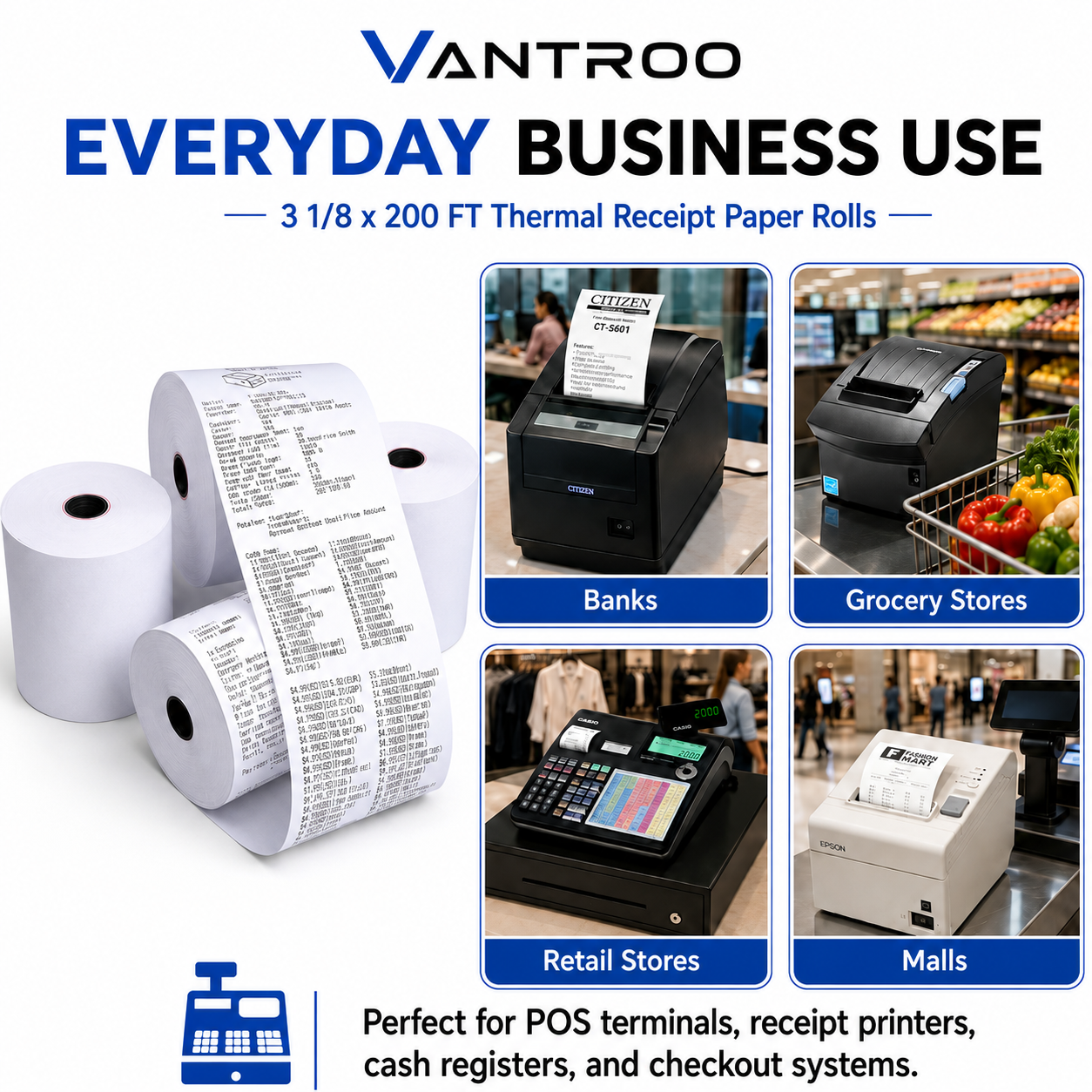 thermal paper rolls 3 1/8 x 200 feet for epson clover square star tsp100iii rouleau papier thermique 3 1/8 200 pieds for Canadian POS systems