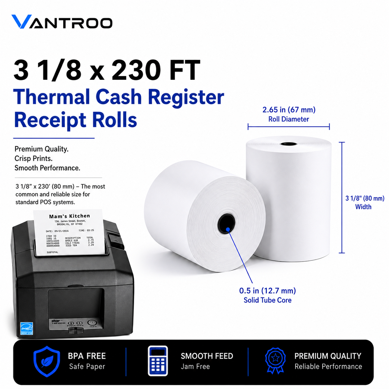 3 1/8 thermal paper rolls for Star TSP100III, Epson TM-T88 and Clover printers 230 FT 80mm Thermal receipt cash register printer paper 