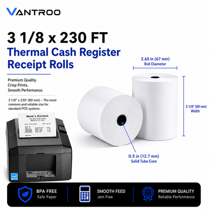 3 1/8 thermal paper rolls for Star TSP100III, Epson TM-T88 and Clover printers 230 FT 80mm Thermal receipt cash register printer paper 