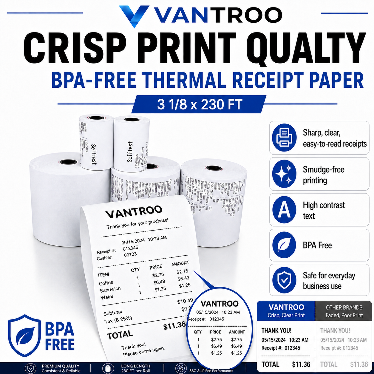 Thermal paper rolls for debit terminals, receipt printers and cash register systems vantroo receipt printer paper 3 1/8 x 230 FT cash regster printer paper rolls 