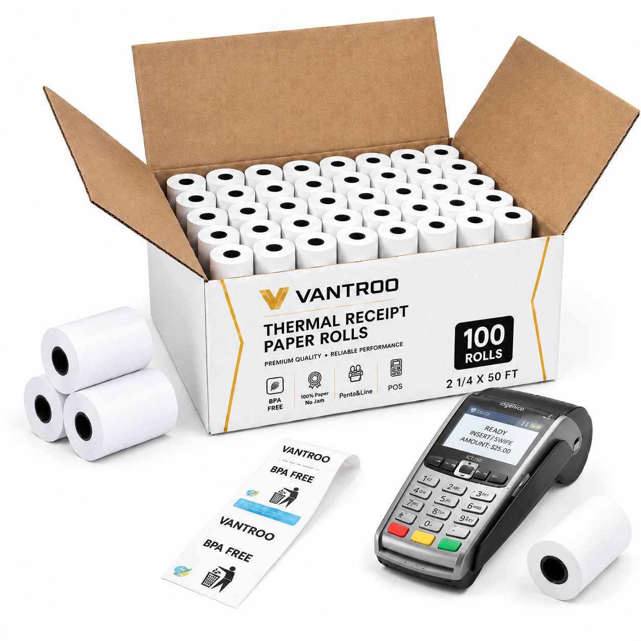 BPA-free VANTROO receipt paper rolls for retail stores, restaurants and offices 2 1/4 x 50 FT thermal receipt paper debit machine 57mm paper rolls 