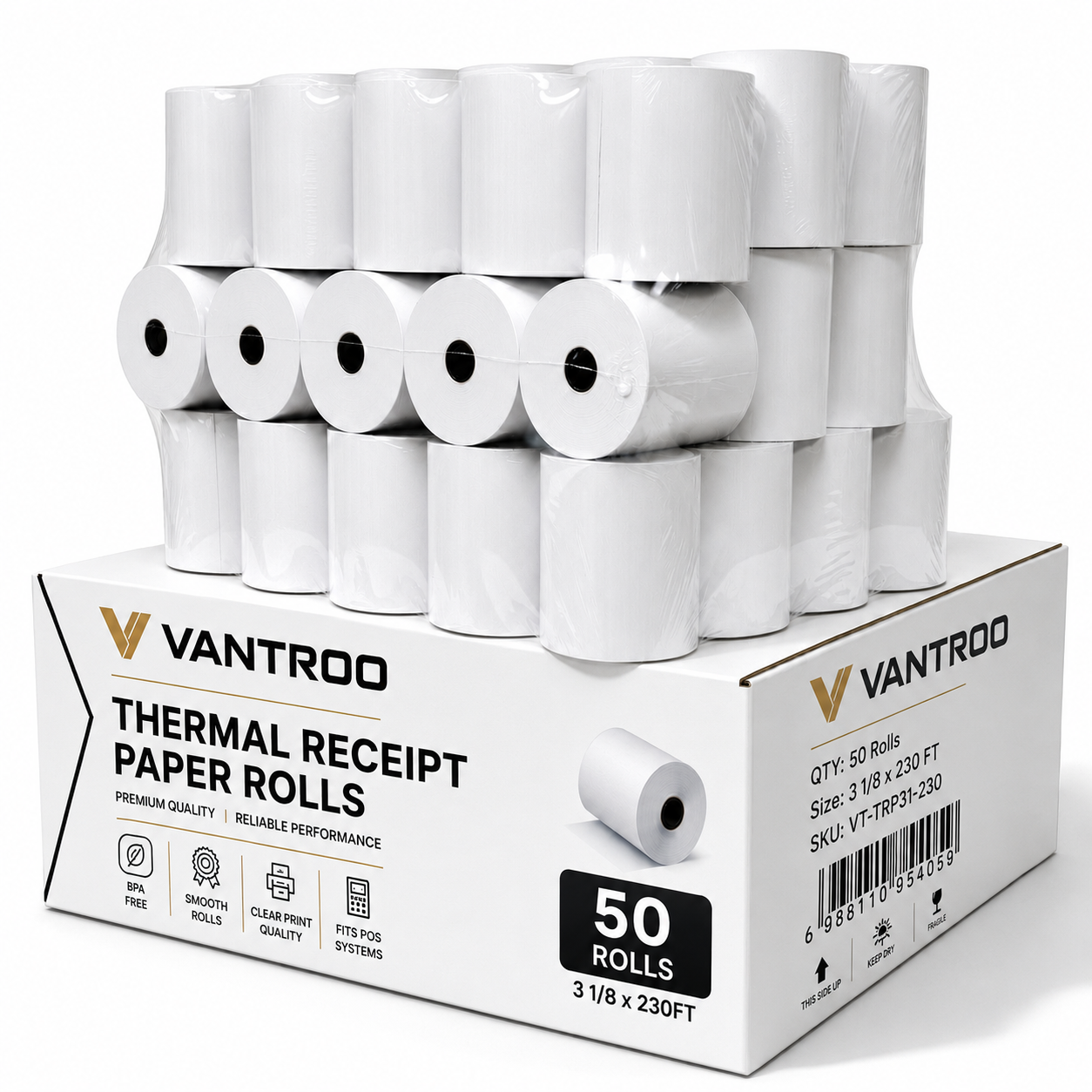 VANTROO thermal receipt paper rolls with clean white finish for reliable POS printing