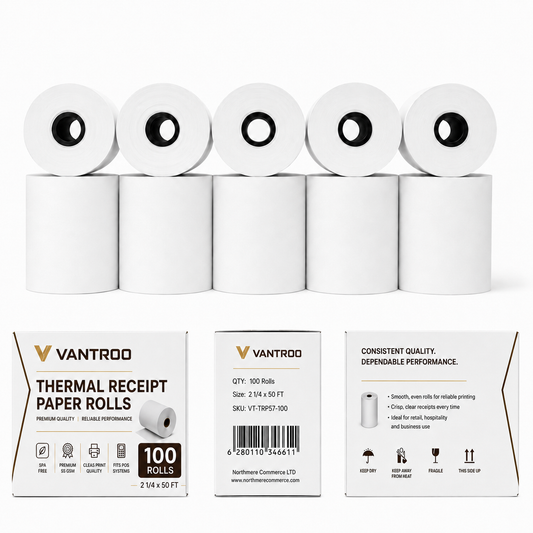 2-1/4" x 50' Thermal Credit Card Receipt Rolls – 100 Rolls | 48 GSM | BPA FREE | VANTROO