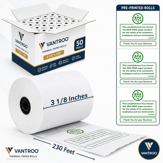 3-1/8" x 220' Pre-Printed Thermal Receipt Paper Rolls – 50 Rolls | 48 GSM | BPA FREE | VANTROO