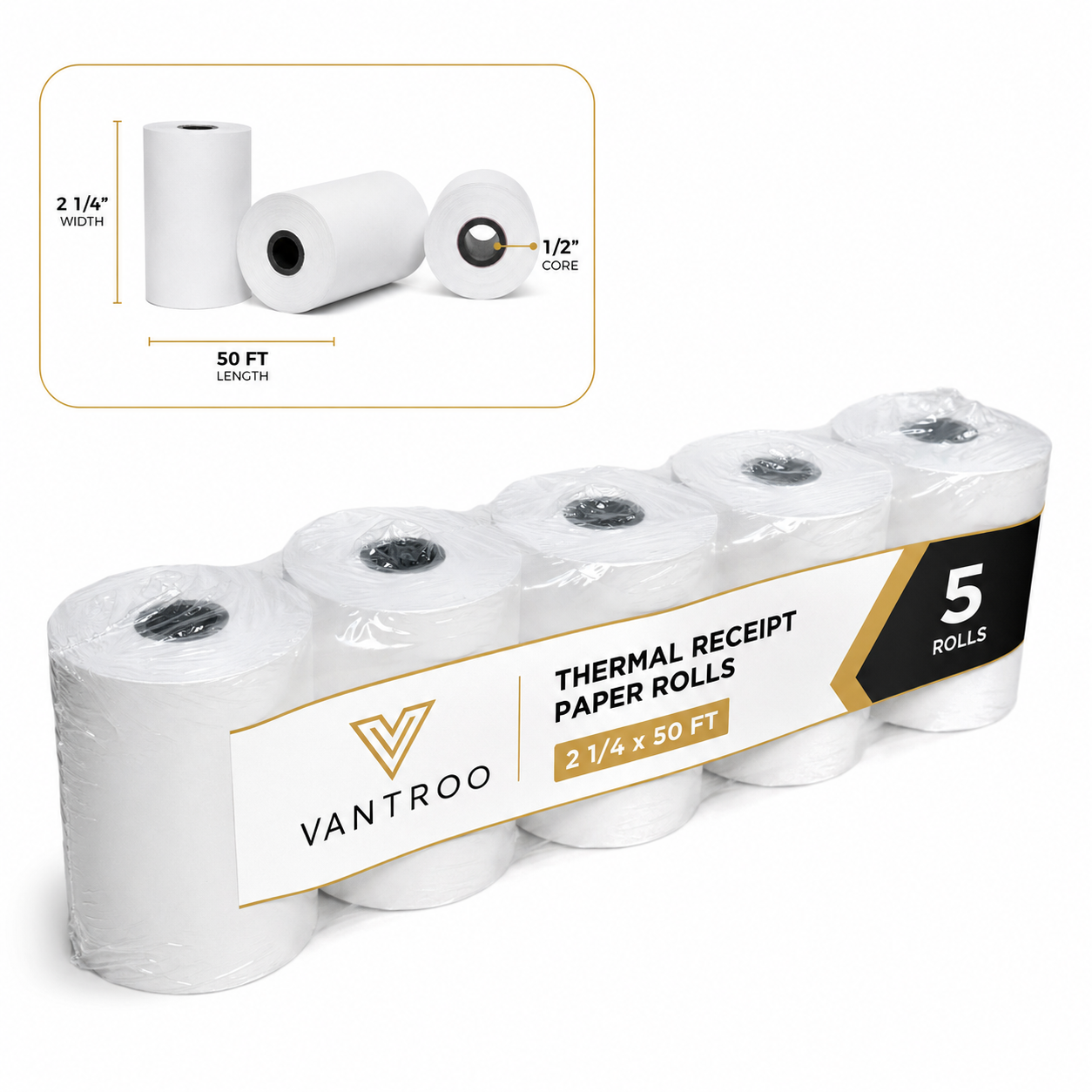2-1/4" x 50' Thermal Credit Card Receipt Rolls – 5 Rolls | 48 GSM | BPA FREE | VANTROO