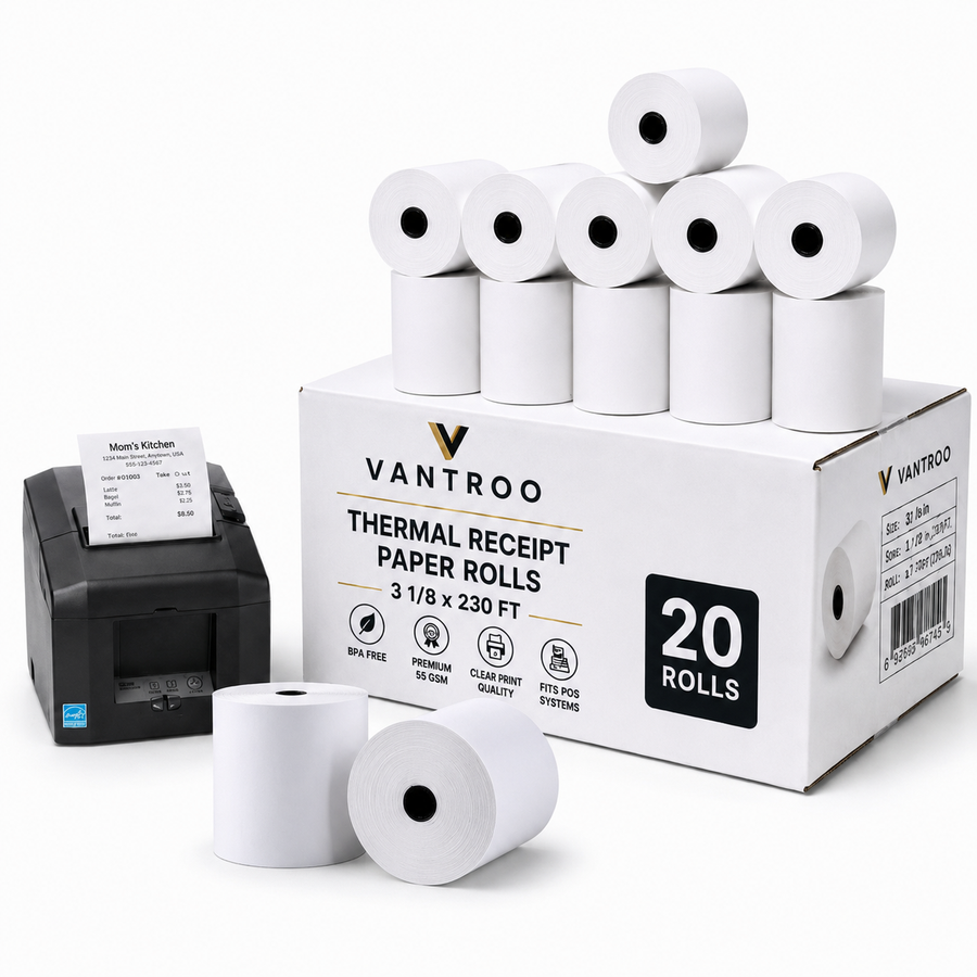 3-1/8" x 230' Thermal Receipt Paper Rolls | 20 Pack | BPA Free | VANTROO