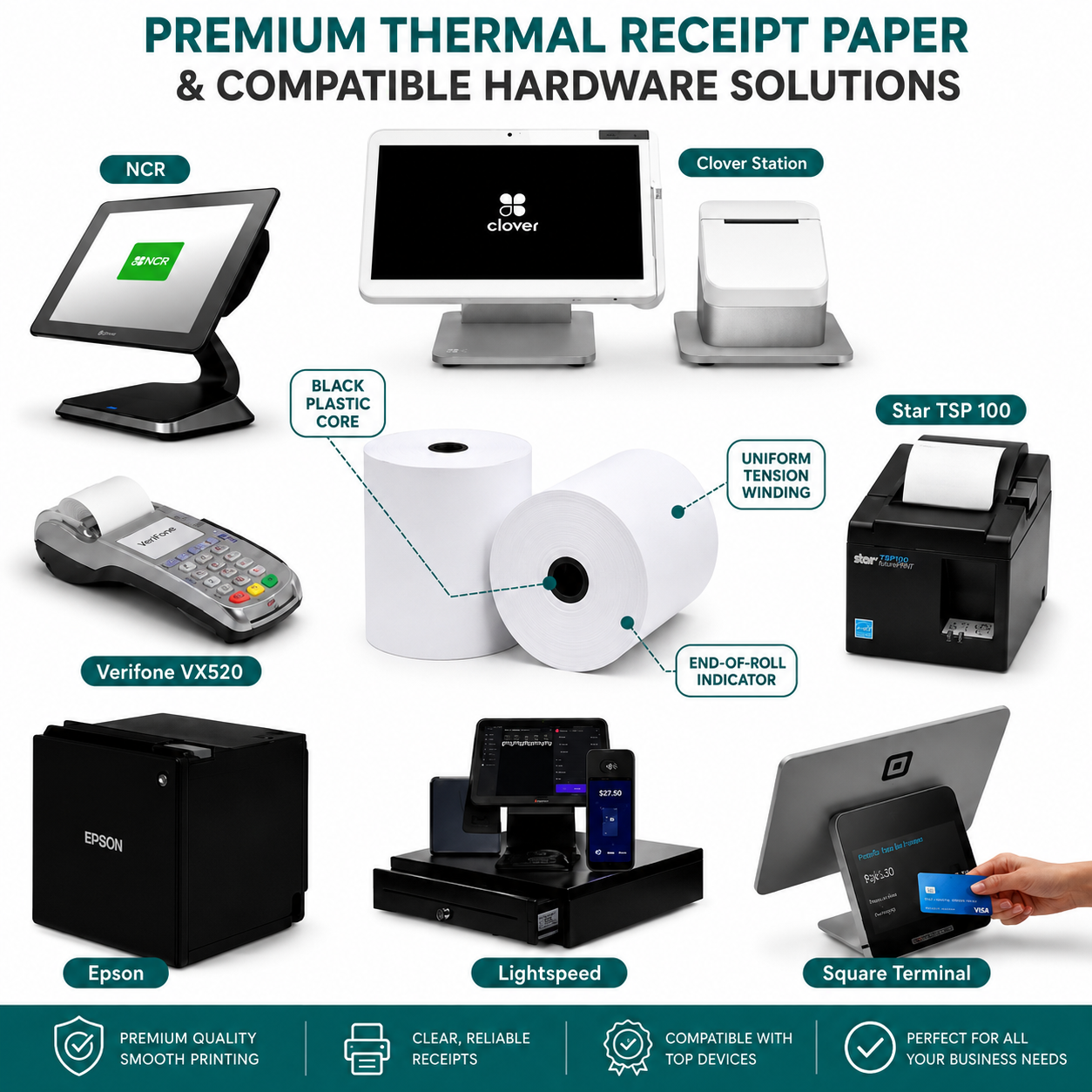 Thermal receipt paper rolls for small business POS systems, compatible with Square, Clover, Moneris-style debit machines, Epson printers and Star TSP100 receipt printers

BPA-free thermal paper rolls for cash registers, receipt printers, debit machines and credit card machines, designed for smooth printing and reliable POS receipts