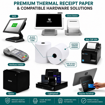 Thermal receipt paper rolls for small business POS systems, compatible with Square, Clover, Moneris-style debit machines, Epson printers and Star TSP100 receipt printers

BPA-free thermal paper rolls for cash registers, receipt printers, debit machines and credit card machines, designed for smooth printing and reliable POS receipts