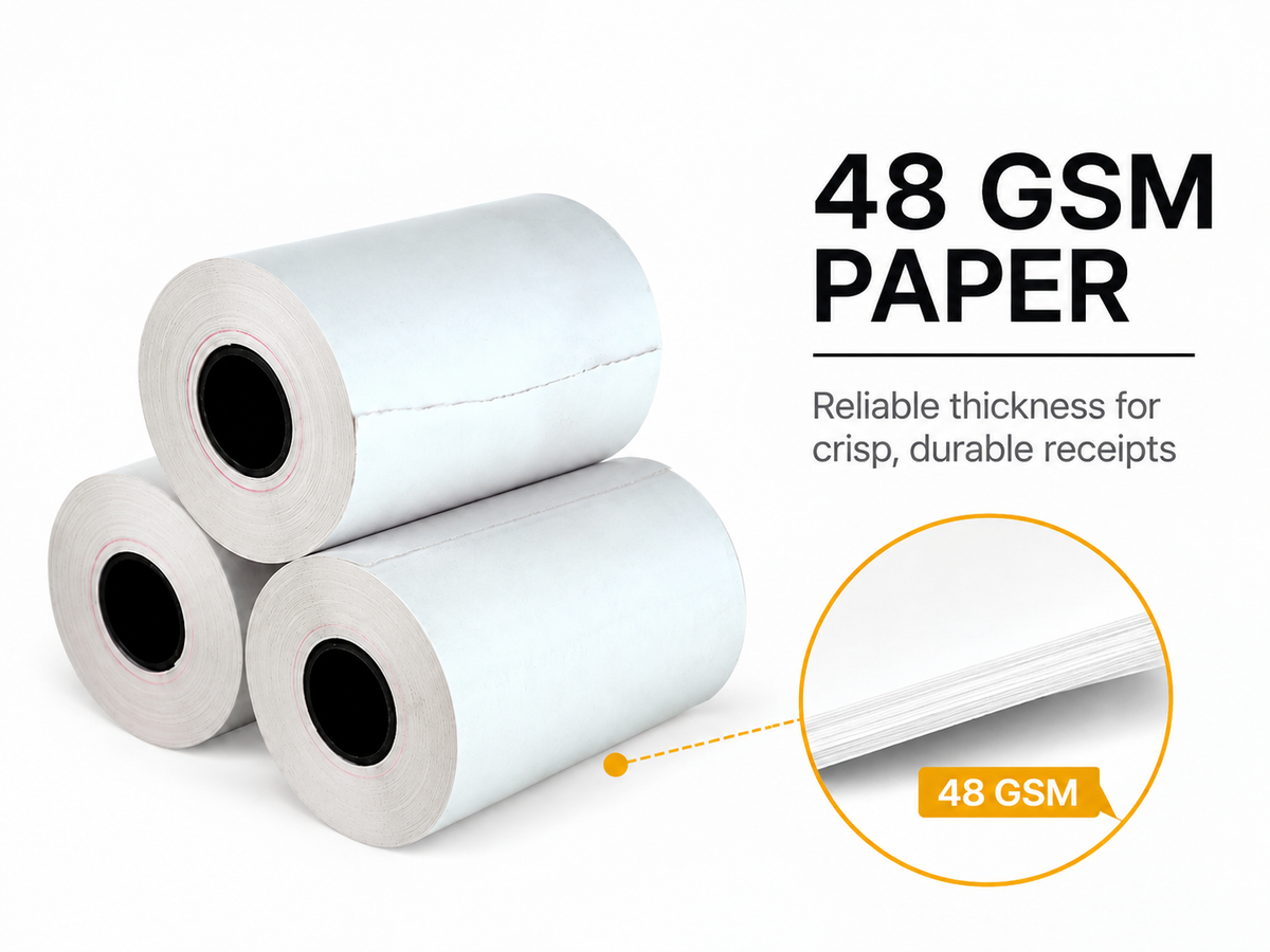 VANTROO 55 GSM premium thermal paper rolls featuring reliable thickness for durable receipts