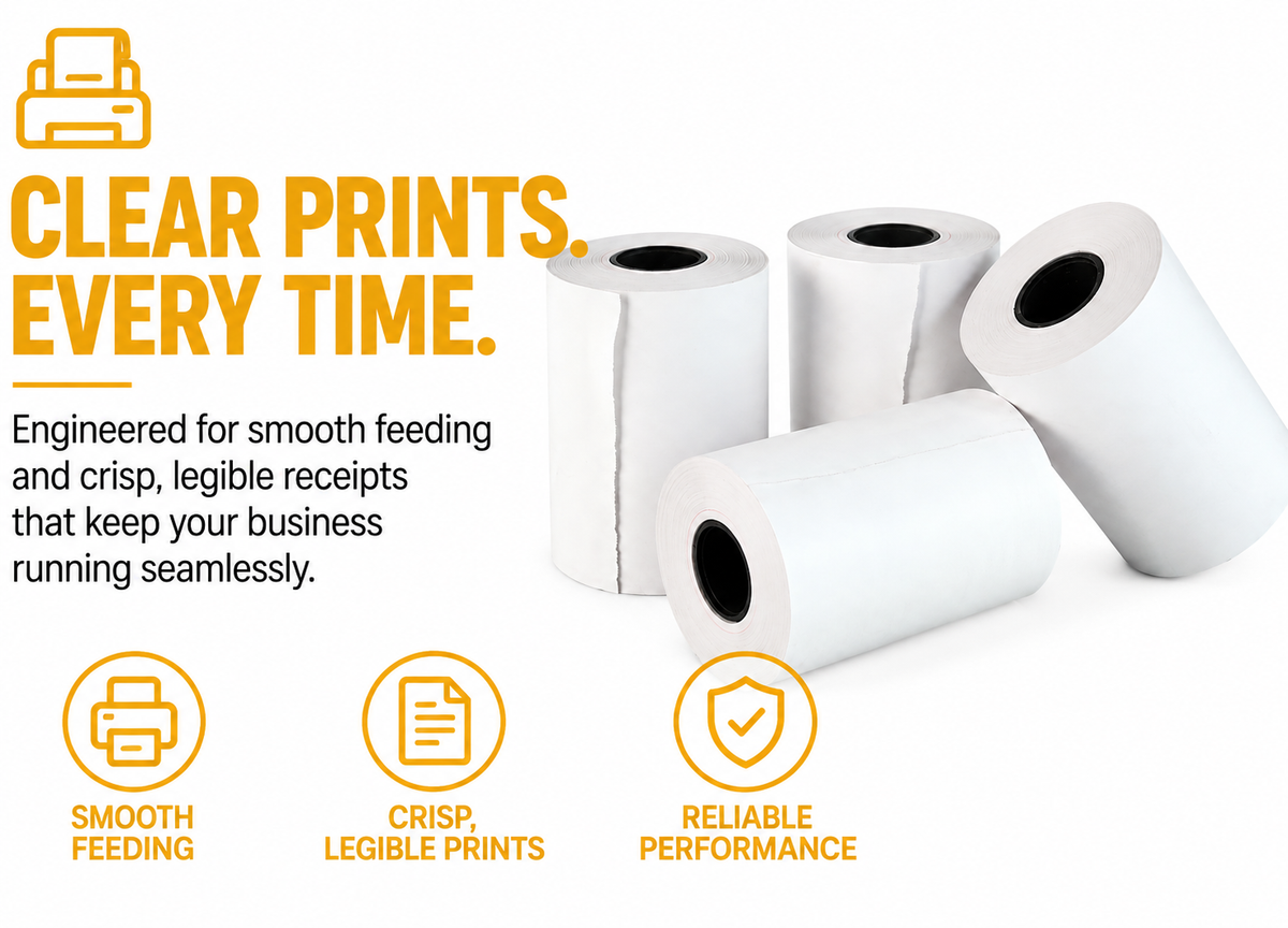 VANTROO thermal receipt paper rolls emphasizing smooth feeding, crisp prints, and reliable performance.   