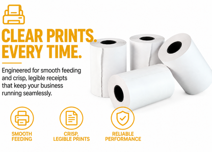 VANTROO thermal receipt paper rolls emphasizing smooth feeding, crisp prints, and reliable performance.   