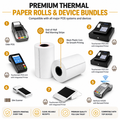 Infographic of 2-1/4" thermal paper rolls with end-of-roll stripe and black core beside POS terminals and printers