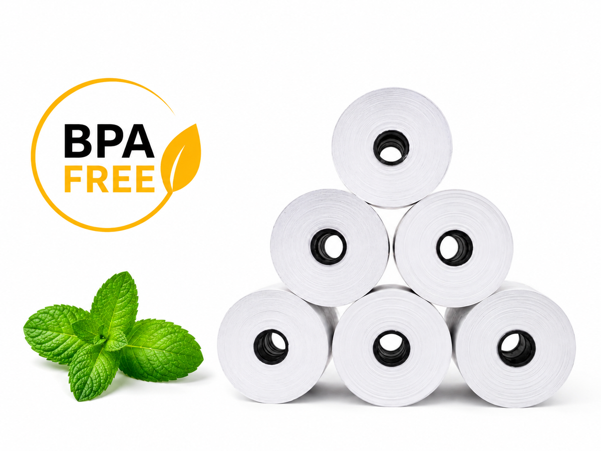 Pyramid stack of VANTROO BPA-free thermal receipt paper rolls with eco-friendly mint leaf graphic.