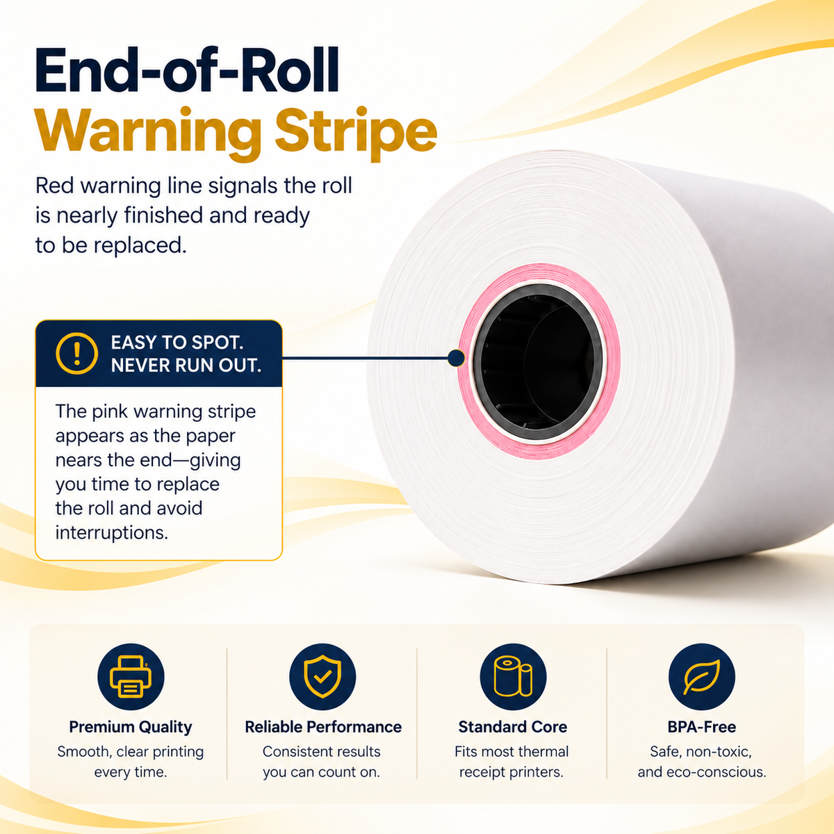 Close-up of a thermal paper roll with a pink end-of-roll warning stripe near the core