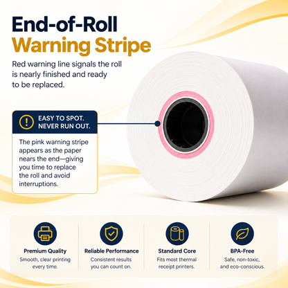 Close-up of a thermal paper roll with a pink end-of-roll warning stripe near the core