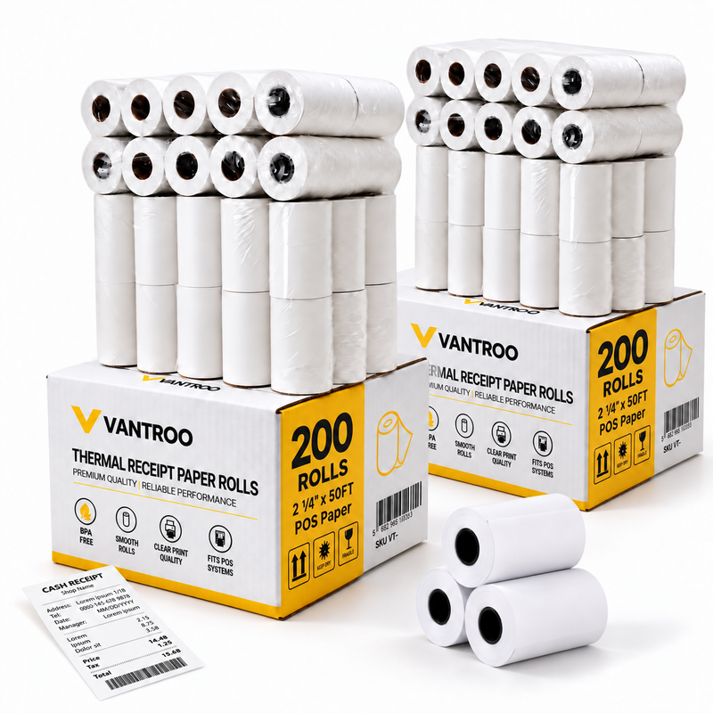 2-1/4" x 50' Thermal Receipt Paper Rolls | 200 Pack | BPA Free | VANTROO