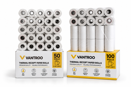 VANTROO 2-1/4" x 50' thermal receipt paper rolls, 150 pack: one 50-roll box and one 100-roll box