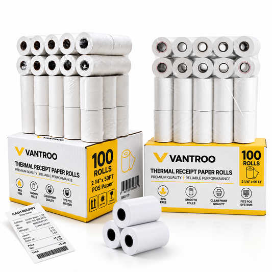 VANTROO 2-1/4" x 50' thermal receipt paper rolls, 100 pack: 100-roll boxes, loose rolls and a sample receipt