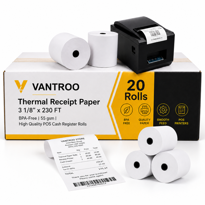 3-1/8" x 230' Thermal Receipt Paper Rolls | 20 Pack | BPA Free | VANTROO
