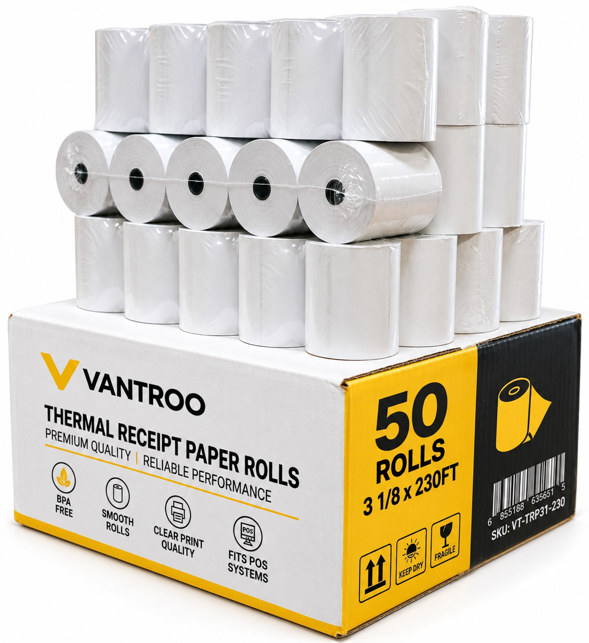 VANTROO 3-1/8" x 230' thermal receipt paper rolls, 50 pack: 50-roll box with stacked rolls