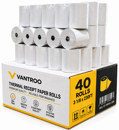 VANTROO 3-1/8" x 230' thermal receipt paper rolls, 40 pack: 40-roll box with stacked rolls