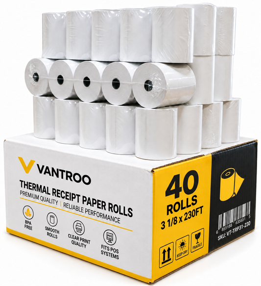 VANTROO 3-1/8" x 230' thermal receipt paper rolls, 40 pack: 40-roll box with stacked rolls