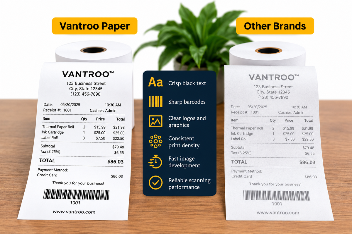 VANTROO thermal receipt paper vs other brands: side-by-side printed receipts showing crisp black text and sharp barcodes
