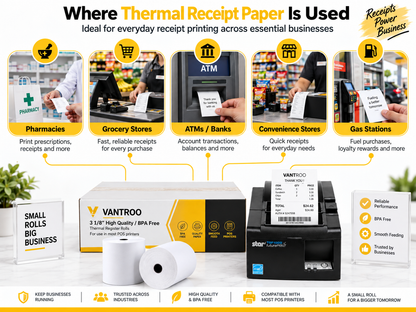 VANTROO 80mm thermal receipt paper rolls with POS printer, printed sample receipt, box packaging, and business usage guide.