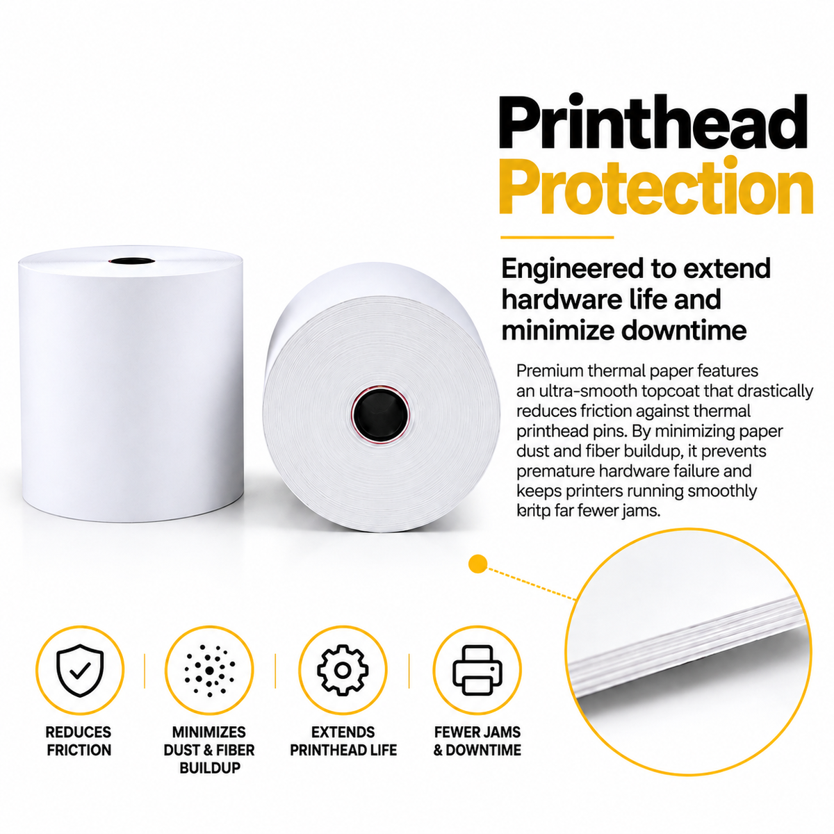 Two thermal paper rolls with printhead protection callouts: reduces friction, minimizes dust, fewer jams