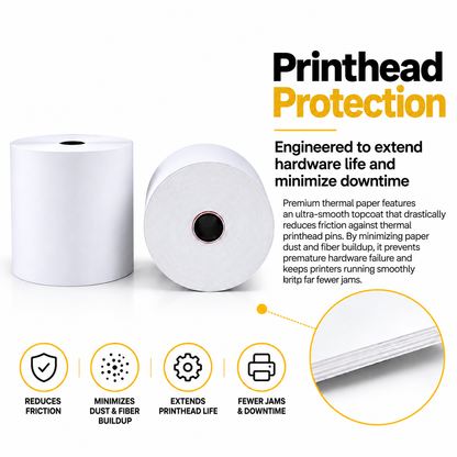 Two thermal paper rolls with printhead protection callouts: reduces friction, minimizes dust, fewer jams