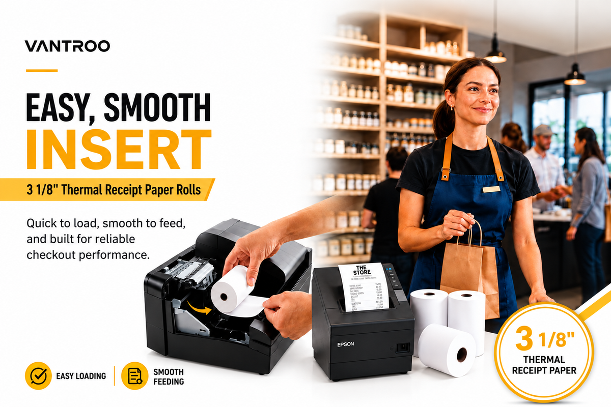 Cashier inserting VANTROO 3 1/8 inch thermal receipt paper roll into a POS printer at a retail store checkout counter.   
