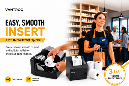 Cashier inserting VANTROO 3 1/8 inch thermal receipt paper roll into a POS printer at a retail store checkout counter.   
