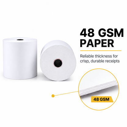 Two thermal paper rolls with a 55 GSM paper thickness callout