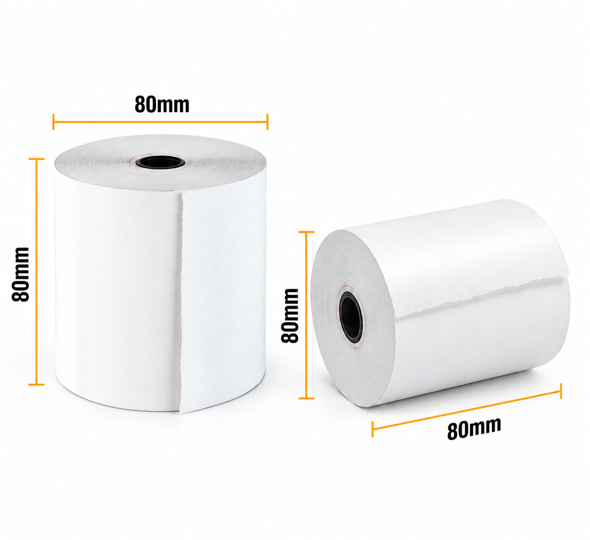 Dimension diagram of two 3-1/8" thermal paper rolls labelled 80 mm wide and 80 mm in diameter